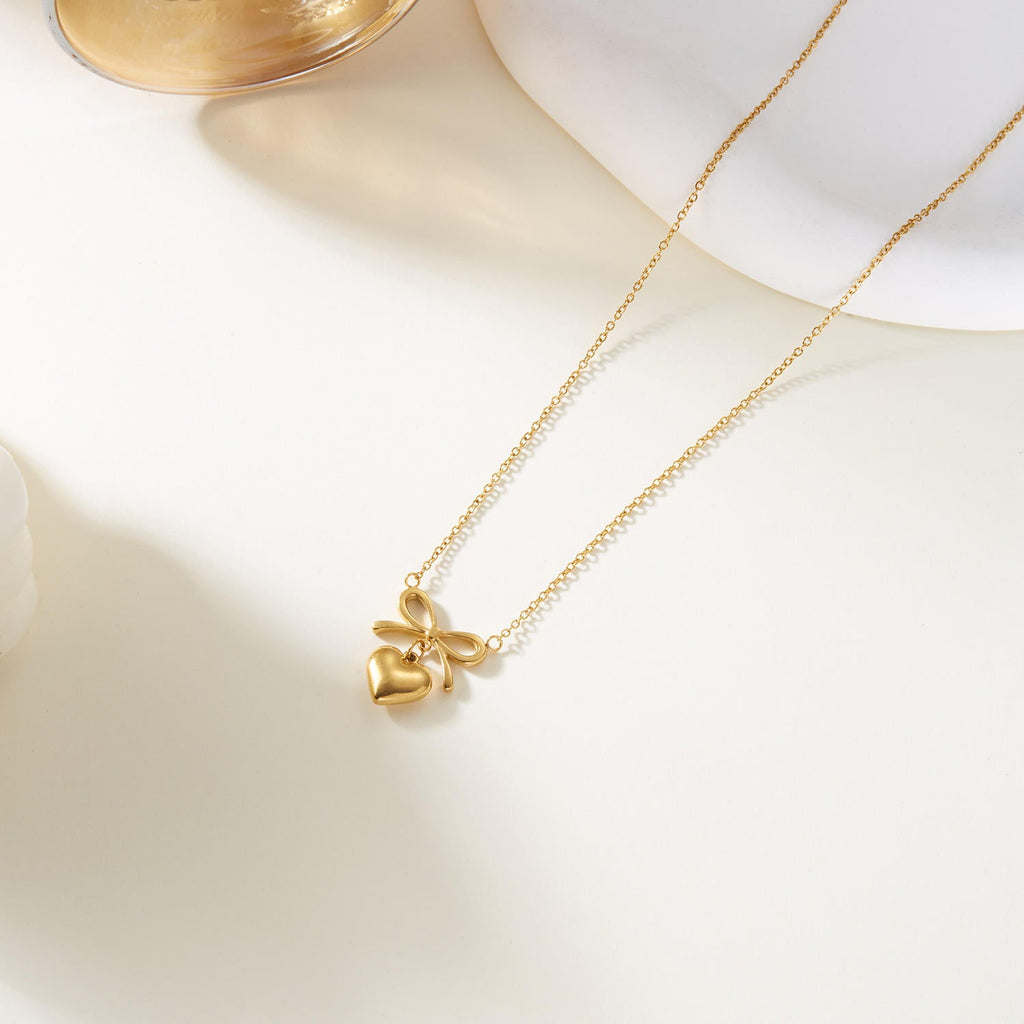Bow Heart Pendant Necklace -Dainty Cute Pendant Jewelry Gift
